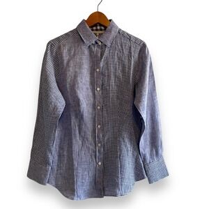 Hinson Wu Diane Blue Linen Gingham Patchwork Button Down Shirt Women's Sz 6 NWT